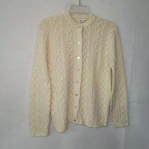 Sears Vintage Sweater Women Medium Cream Cable Knit Cardigan Button Up Lace Knit